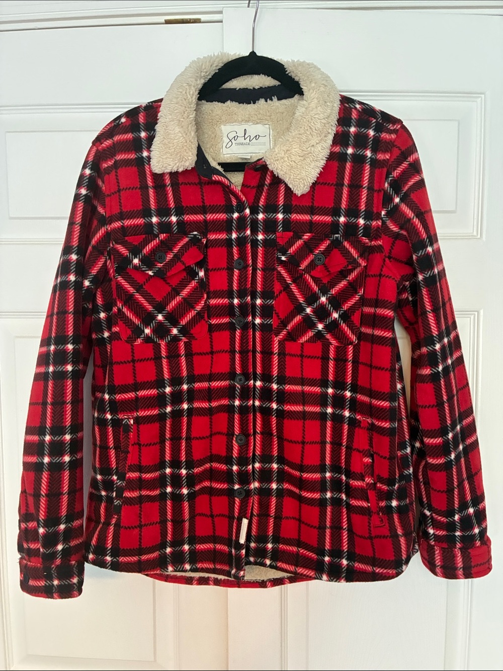 Soho Threads Red & Black Plaid Teddy Jacket - Sherpa Lined